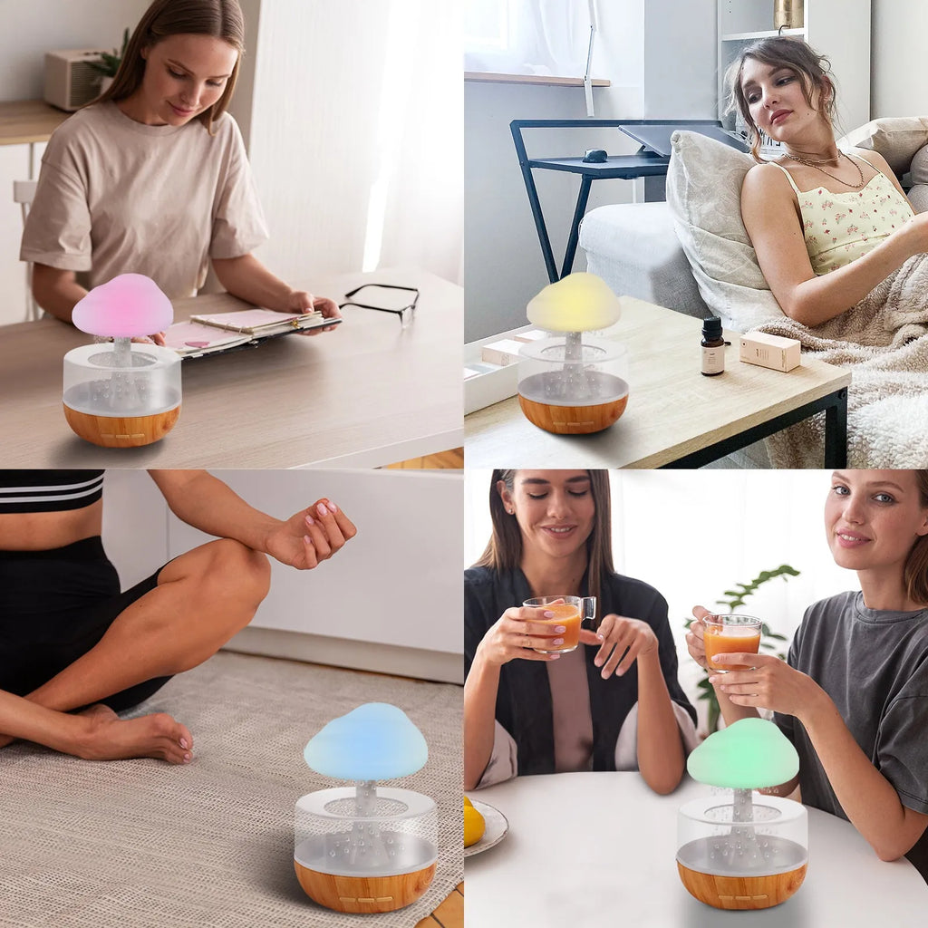 White cloud-shaped humidifier with LED lights and water vapour emission