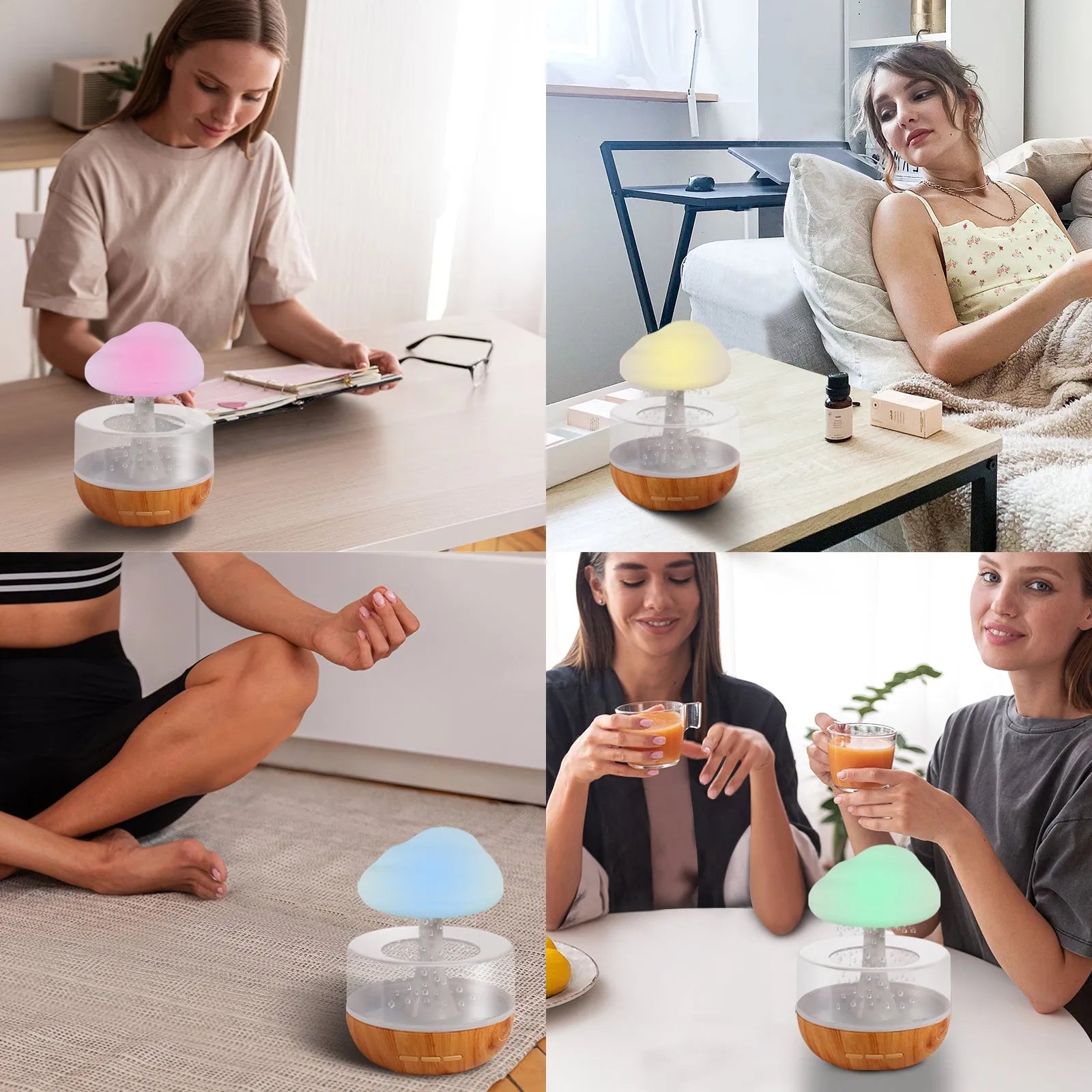 White cloud-shaped humidifier with LED lights and water vapour emission