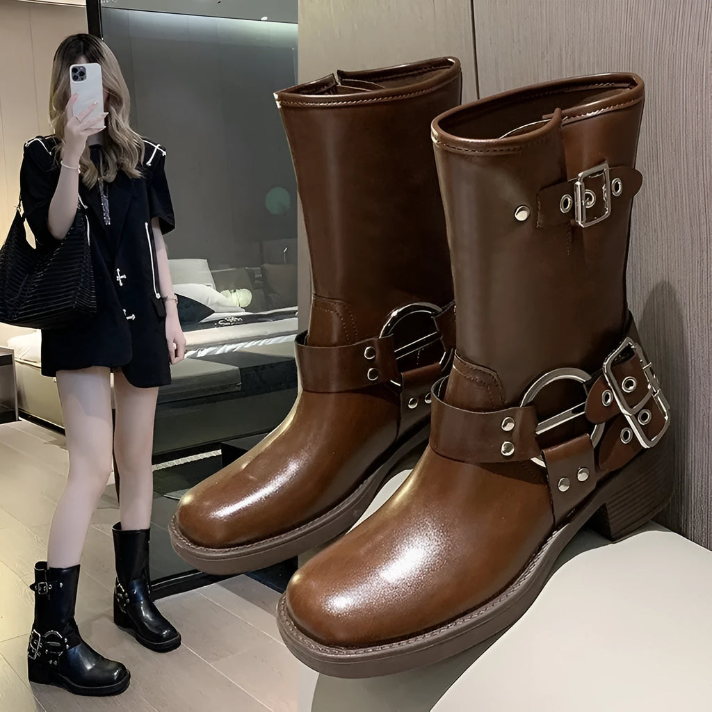 Women's platform boots with belt buckle detail in middle calf length, black and brown colour options