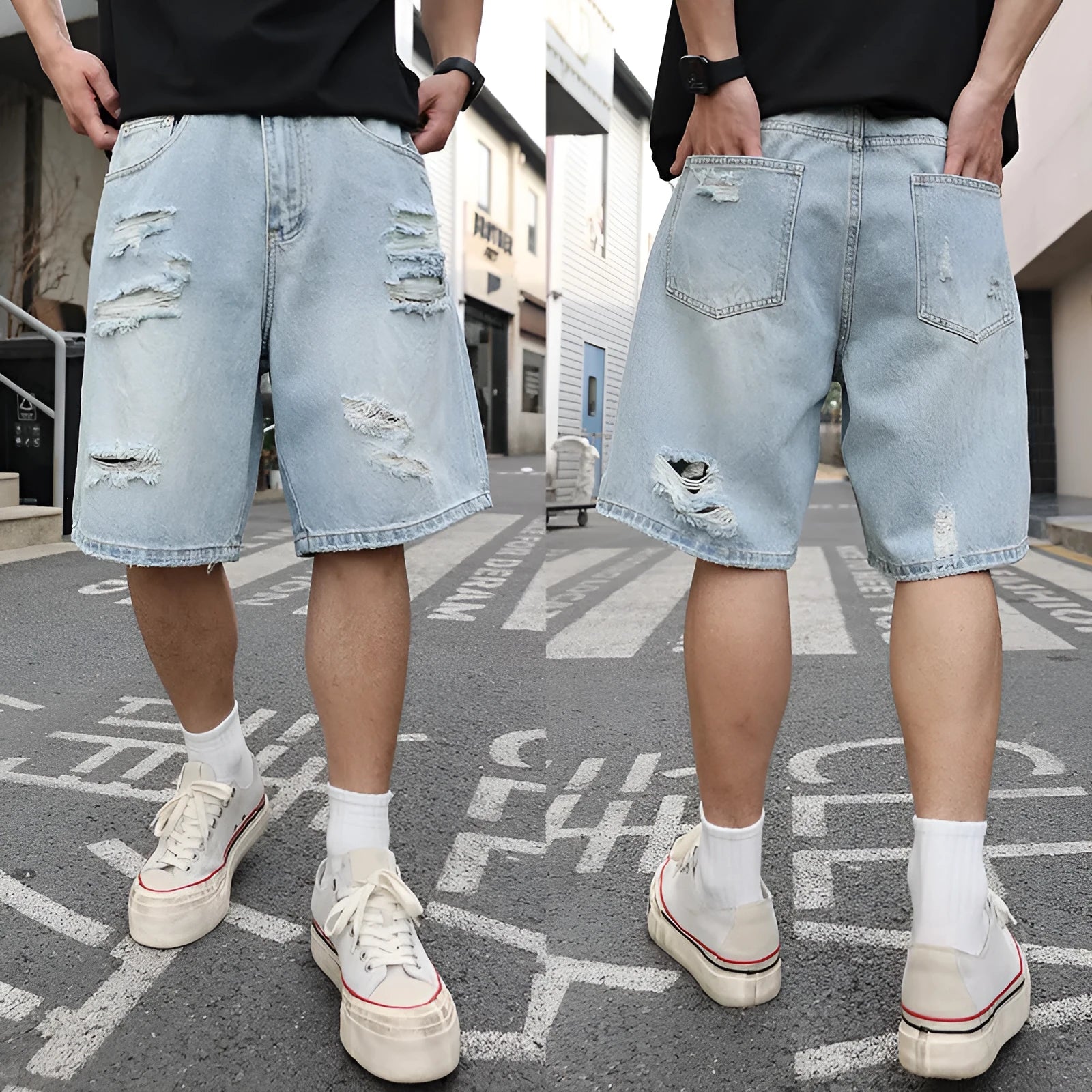 Light blue ripped denim shorts with a loose, straight leg fit and distressed detailing.