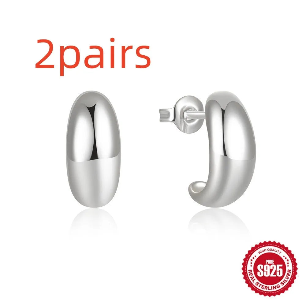 S925 sterling silver C-shaped geometric stud earrings with glossy electroplated gold or silver finish