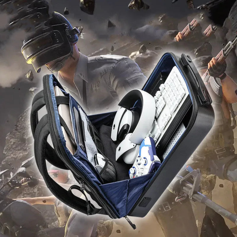 Hard-shell PC gaming backpack with lock showing internal organisation compartments and double shoulder straps