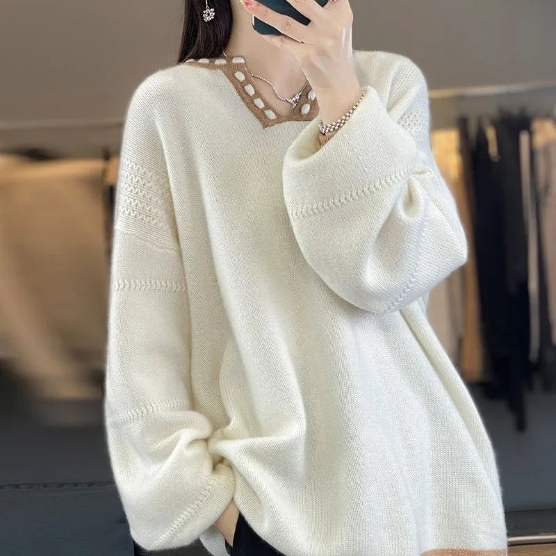 Women's v-neck viscose fibre sweater in camel colour with regular long sleeves