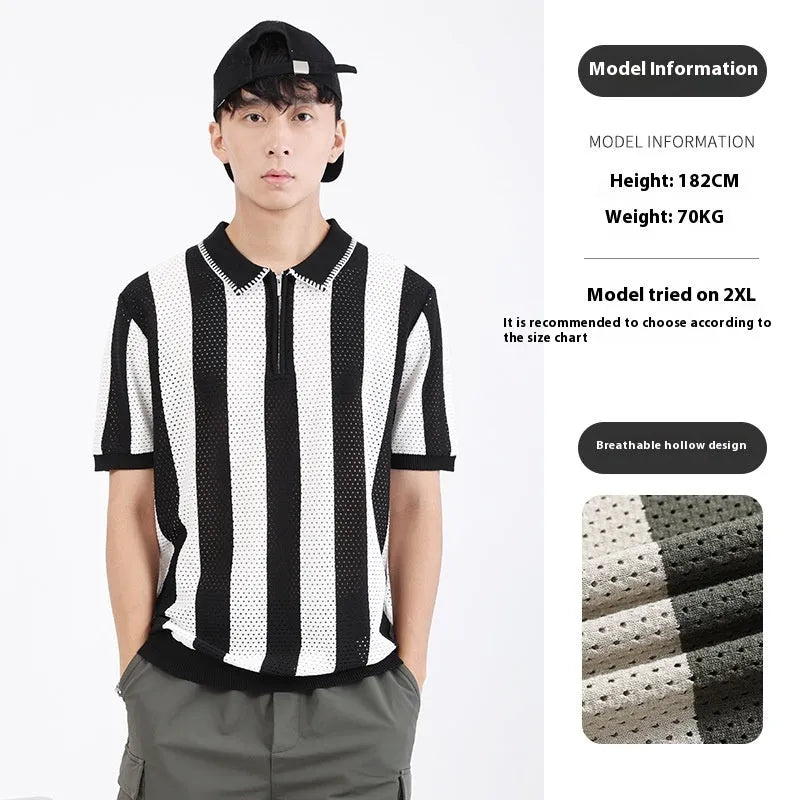 Man wearing a striped ice silk short sleeve sweater with a zipper decoration detail on the front.