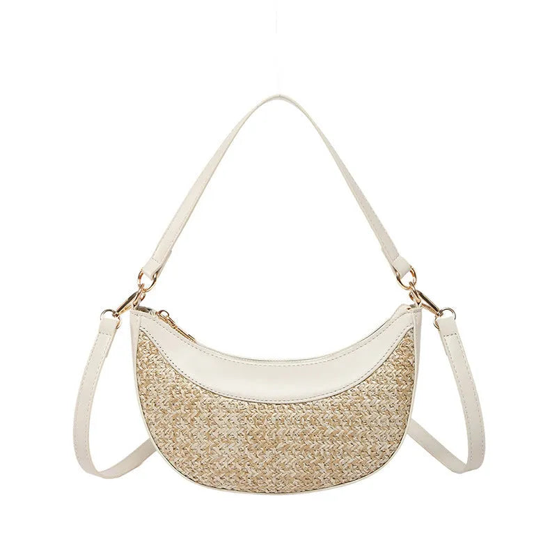 Straw dumpling-shaped crossbody bag with sandwich pocket in black, green, brown or white colour options