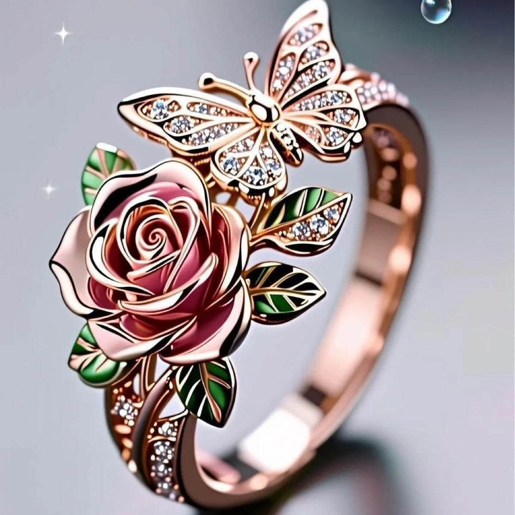 Alloy adjustable ring with oil-dipped butterfly and floral design in fairy style