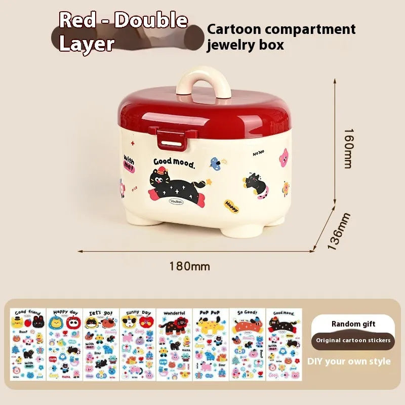 Red and brown cartoon-style desktop storage organiser with grid pattern and sticker set for labelling.