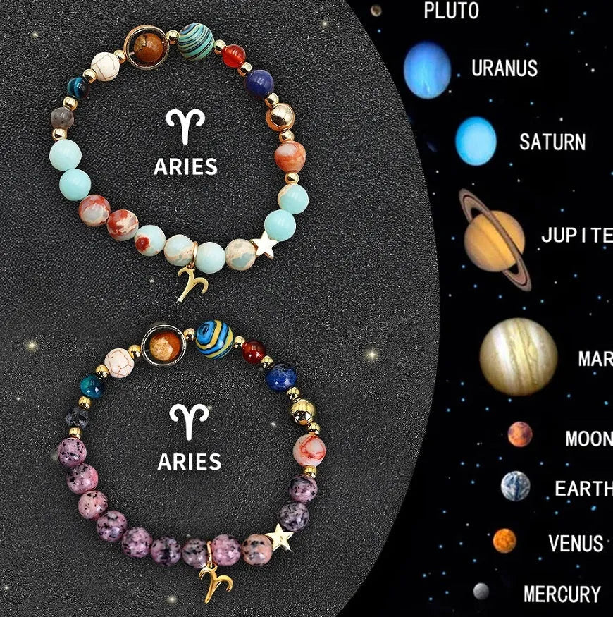 Two natural stone beaded bracelets featuring twelve zodiac sign symbols for astrology lovers.