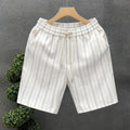 Men's black and white striped fleece-lined casual shorts with a double-layer waistband.