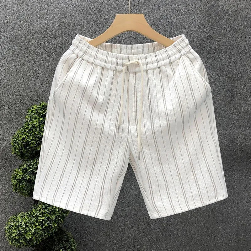 Men's black and white striped fleece-lined casual shorts with a double-layer waistband.