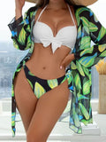 Women's three-piece bikini swimsuit set with mesh detail, including top, bottoms, and a matching coat.