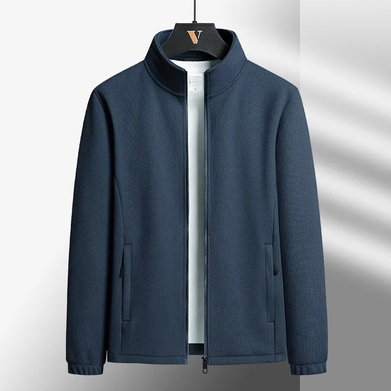 Men's grey Berber fleece zip-front coat with stand-up collar and zippered pockets.