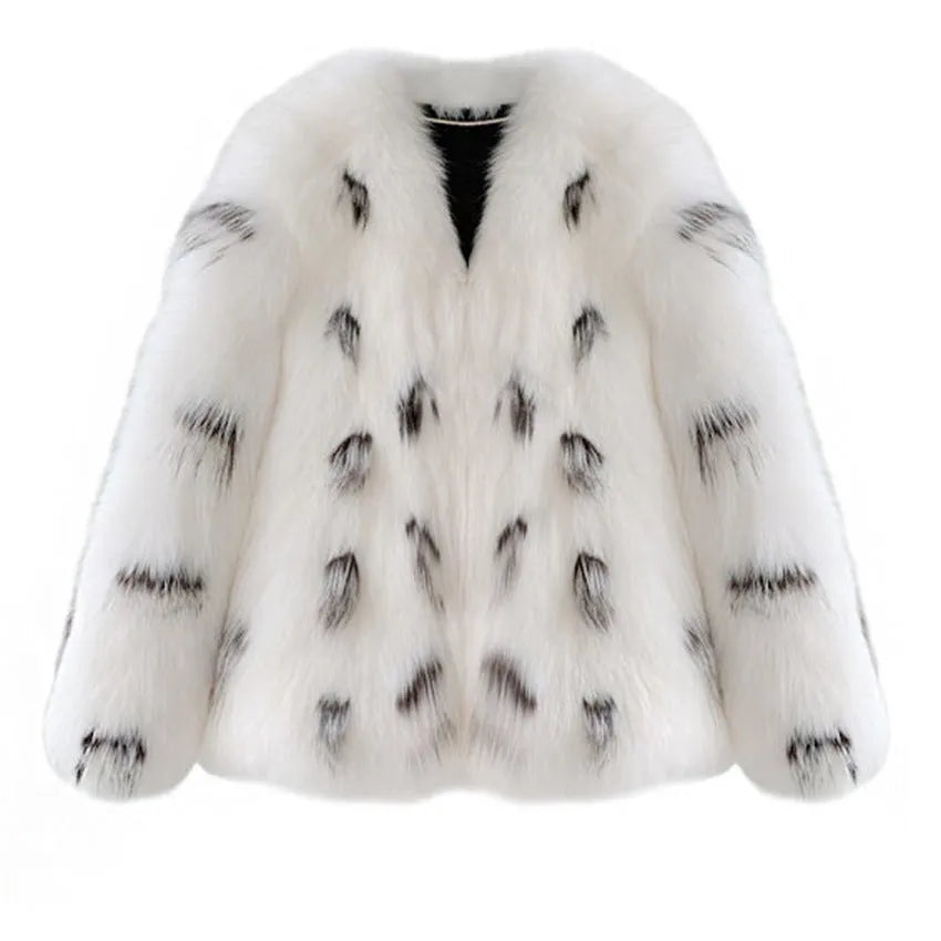 Black and white artificial raccoon fur coat with slim fit, short length, and regular sleeves on a model.