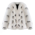 Black and white artificial raccoon fur coat with slim fit, short length, and regular sleeves on a model.