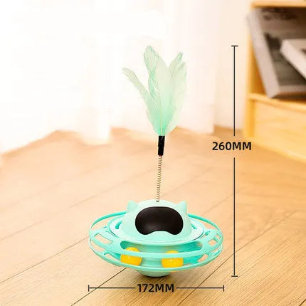 Pink cat toy tumbler turntable with self-hi motion and push lever for interactive pet play
