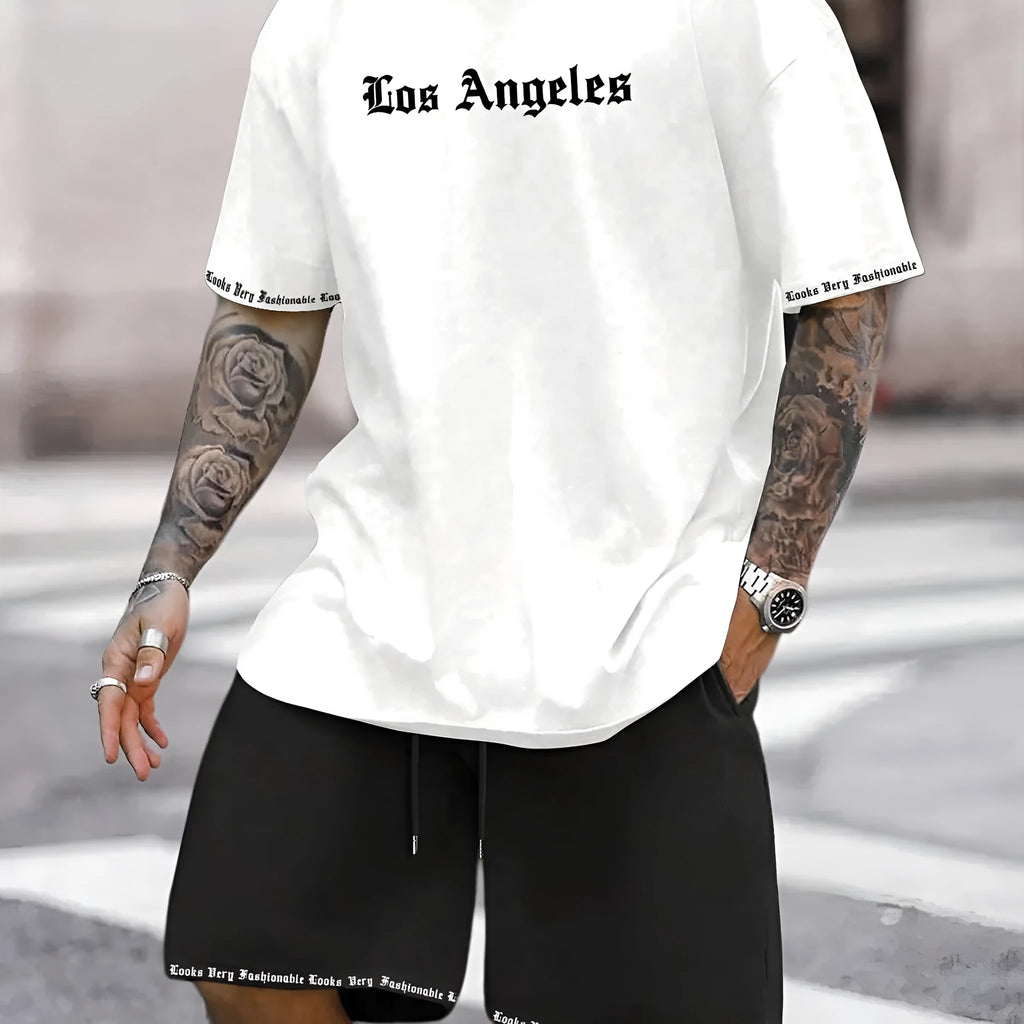 Sports style short-sleeved shorts set with printing pattern in polyester blend fabric