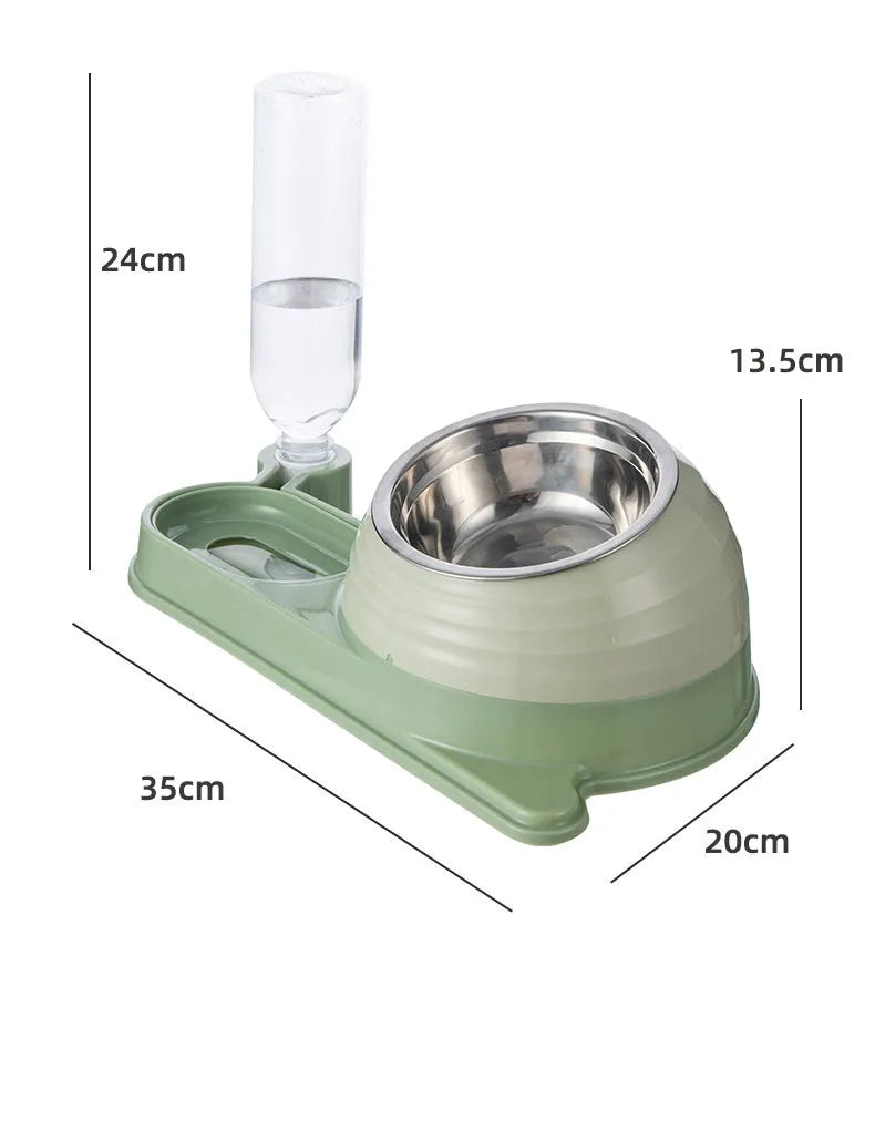 Brown elevated cat bowl with attached water dispenser bottle on a wooden floor.
