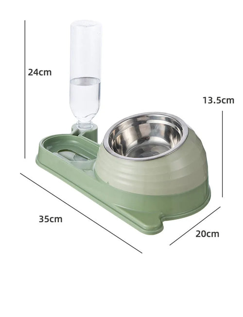 Brown elevated cat bowl with attached water dispenser bottle on a wooden floor.
