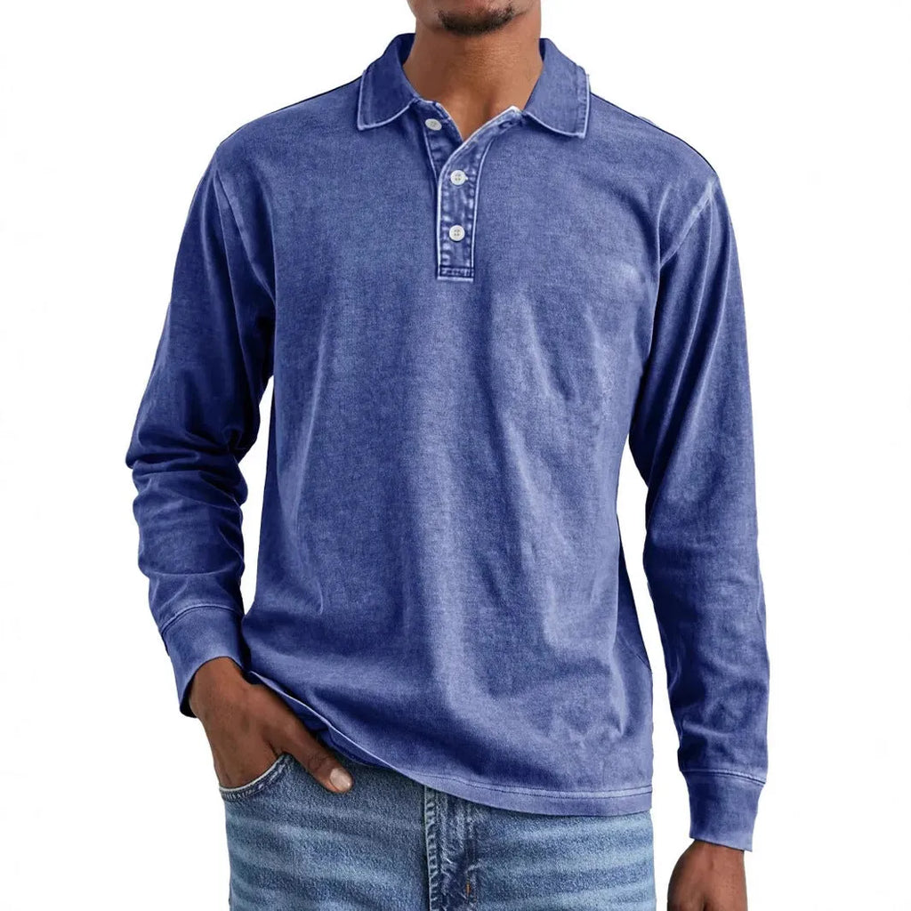 Retro washed distressed cotton lapel polo shirt in long sleeve design on mannequin