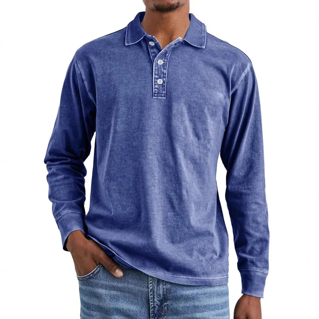 Retro washed distressed cotton lapel polo shirt in long sleeve design on mannequin