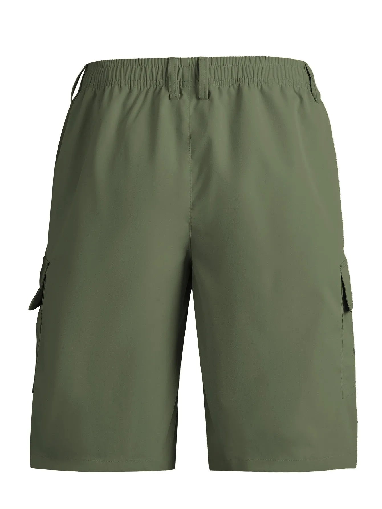 Man wearing loose straight-leg khaki casual sports shorts made from polyester