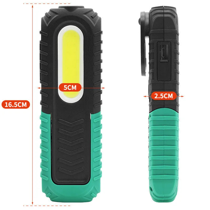 Black and green USB-charged auto repair work light with 6500K colour temperature for vehicle inspection