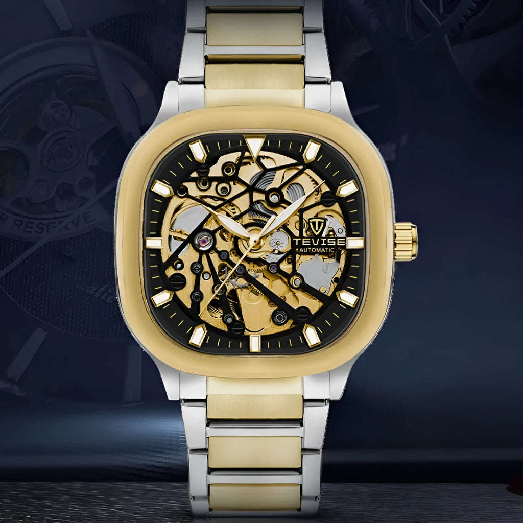 Men's square automatic watch with luminous dial, metal case and stainless steel strap in blue colour