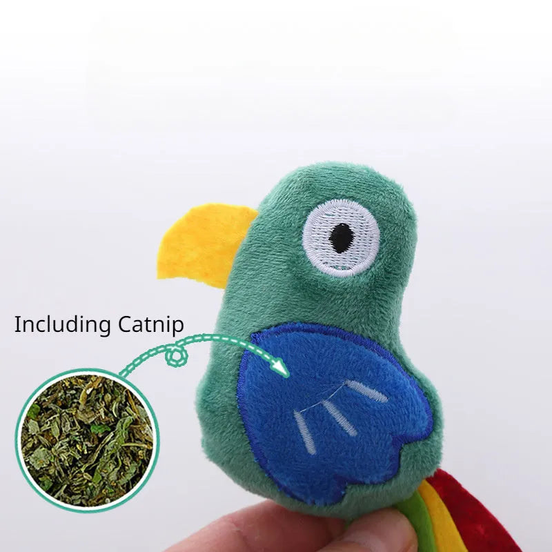 Plush parrot-shaped cat toy with catnip on a plain background.