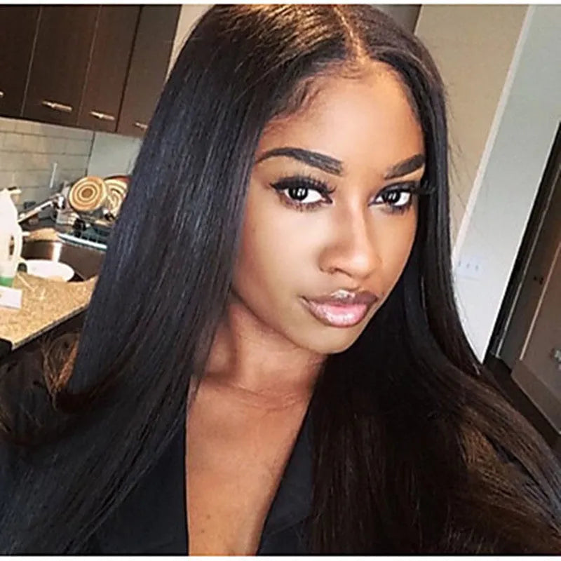 Black long straight wig with centre-parted bangs made from high-temperature fibre