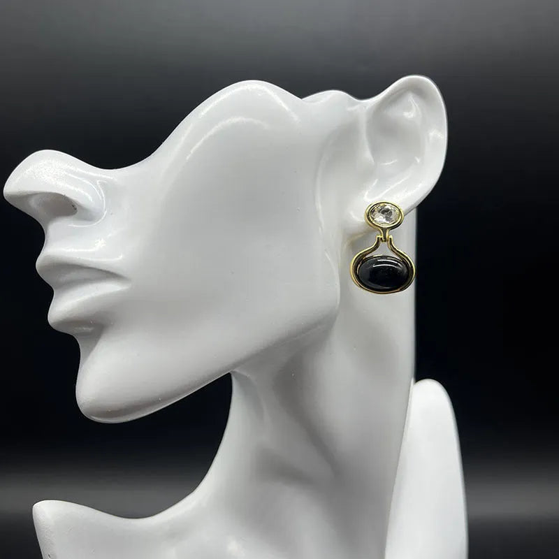 Black and gold geometric round oval alloy earrings with electroplated finish