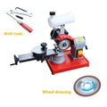 Manual gear grinding machine for sharpening alloy circular saw blades on a workshop bench.