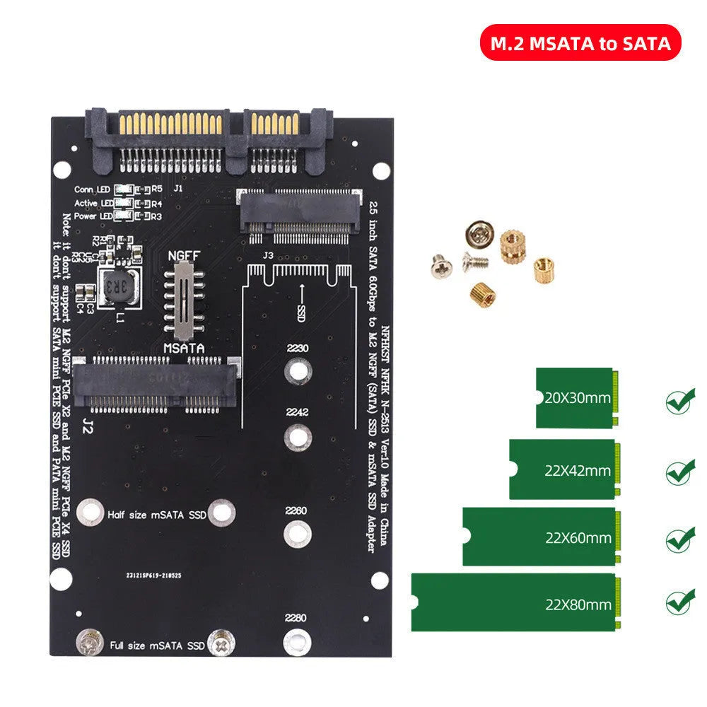 Black SATA3 to M.2 NGFF mSATA SSD adapter card showing connectors for modern solid-state drives