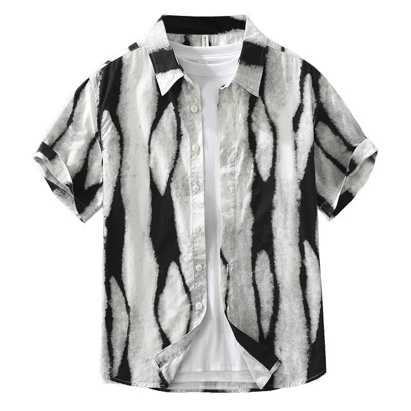 Men's black and brown striped retro short sleeve shirt in pure cotton loose fit
