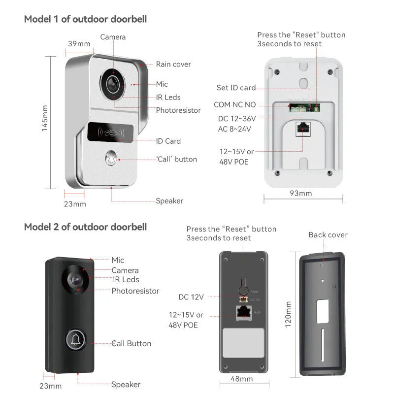 10-inch video intercom doorbell system with outdoor camera unit and colour display