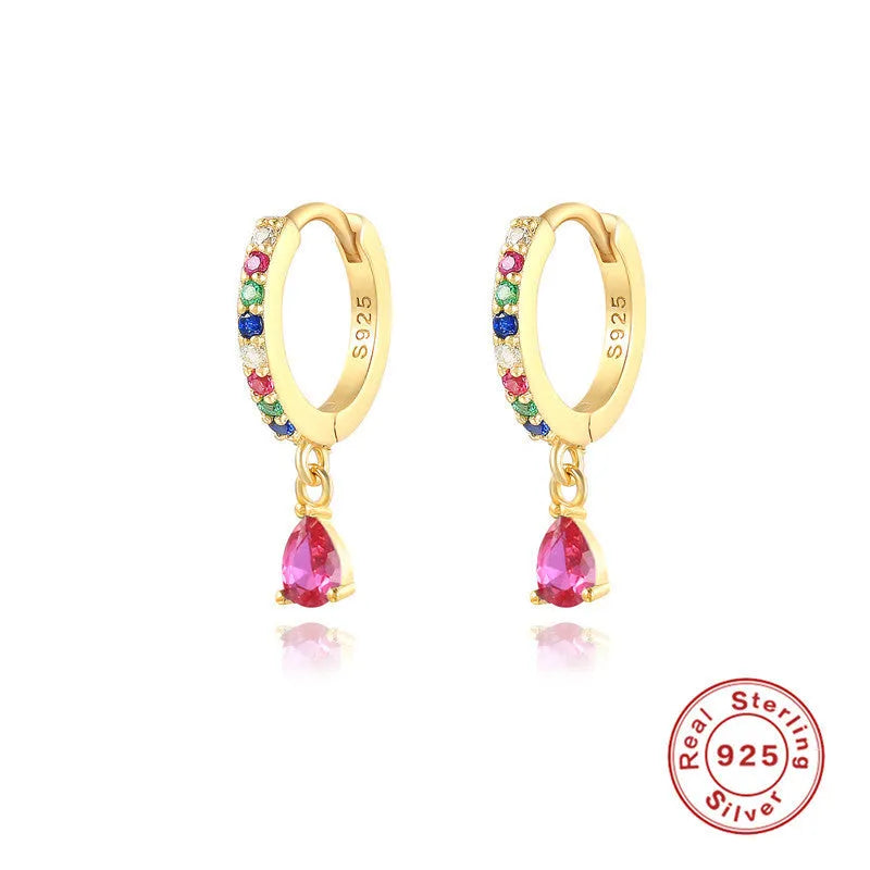 S925 sterling silver geometric water drop earrings with electroplated finish and gemstone accents