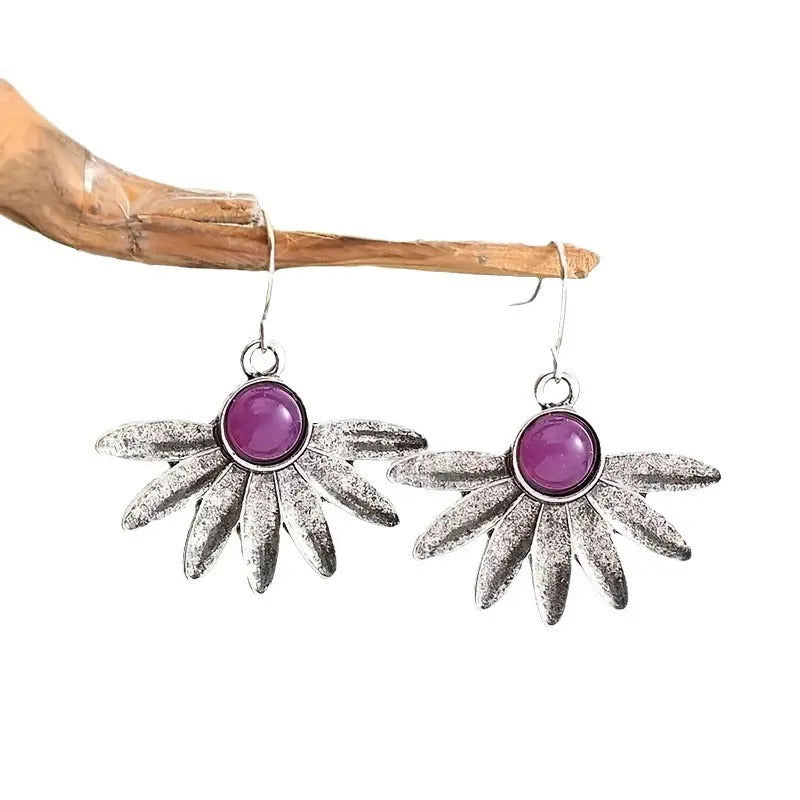 Purple resin gemstone Bohemian earrings with animal zodiac details and alloy construction