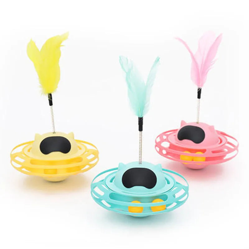 Pink cat toy tumbler turntable with self-hi motion and push lever for interactive pet play