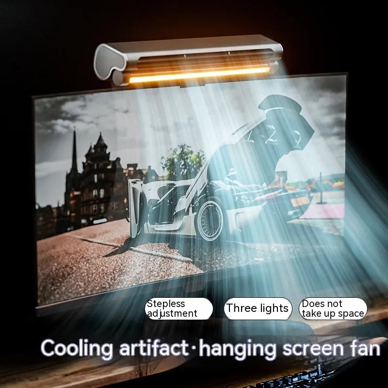 Black bladeless USB clip fan with LED light mounted on laptop screen showing compact design