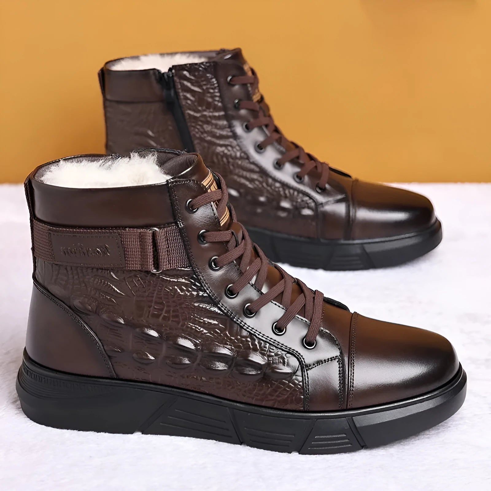 Black and brown genuine leather snow boots with fur lining and rubber sole