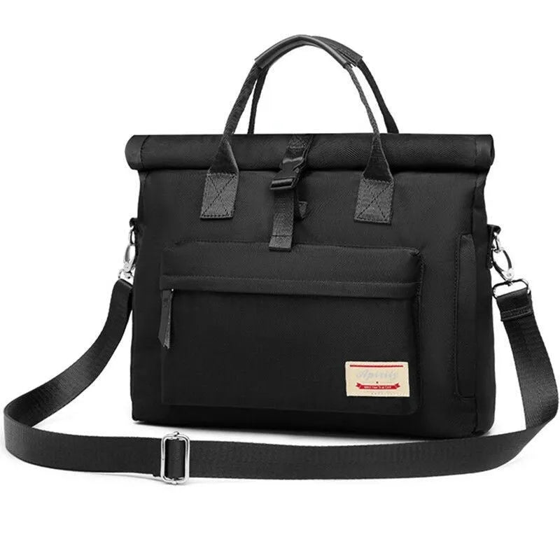 Shockproof waterproof nylon inner liner laptop bag in black, shown with a laptop, displaying its slim profile and padded interior.