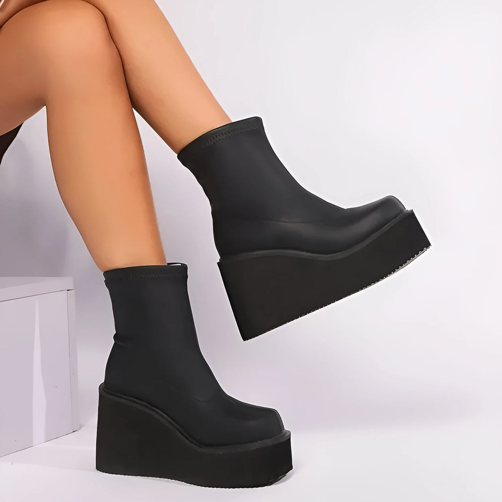 Plus size black wedge ankle boots with waterproof platform sole and cotton lining