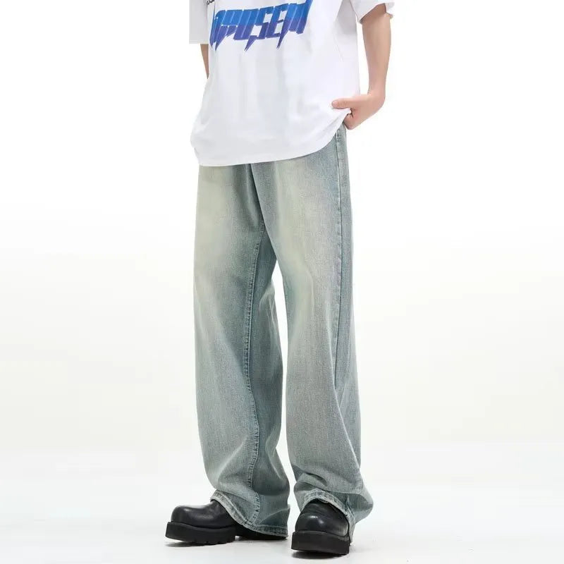 Blue retro-style loose casual trousers made from rabbit fur fabric on a plain background.