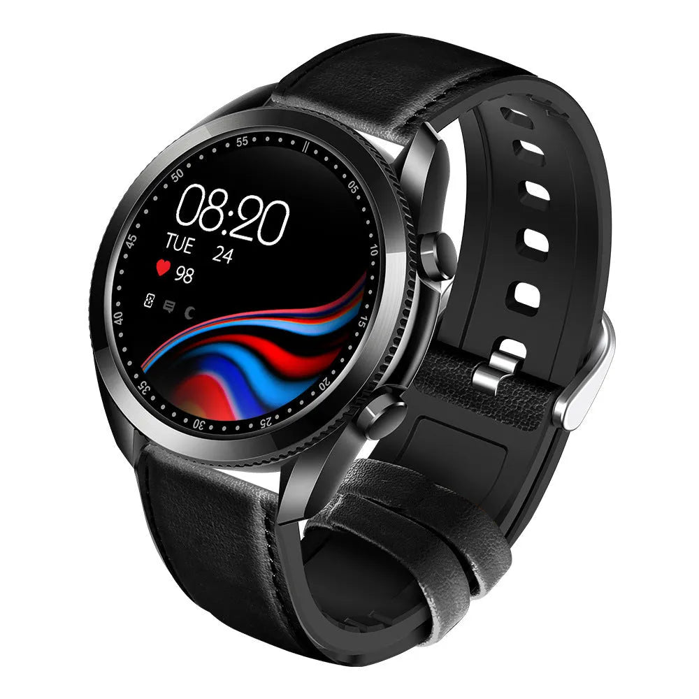 UM90 smart call watch with large screen on leather strap, showing fitness tracking interface.