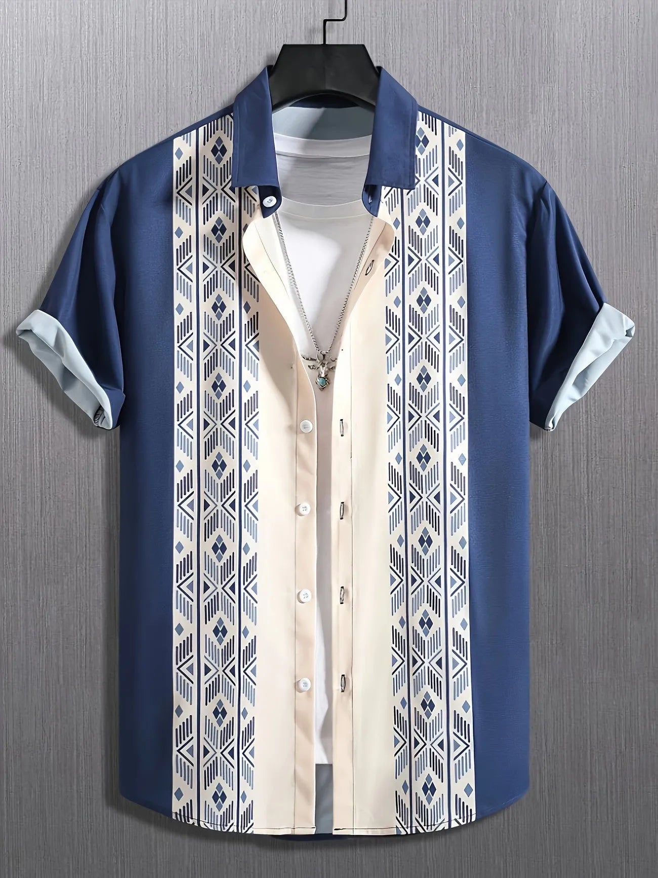Man wearing plaid loose fit short sleeve shirt with lapel collar in cardigan style