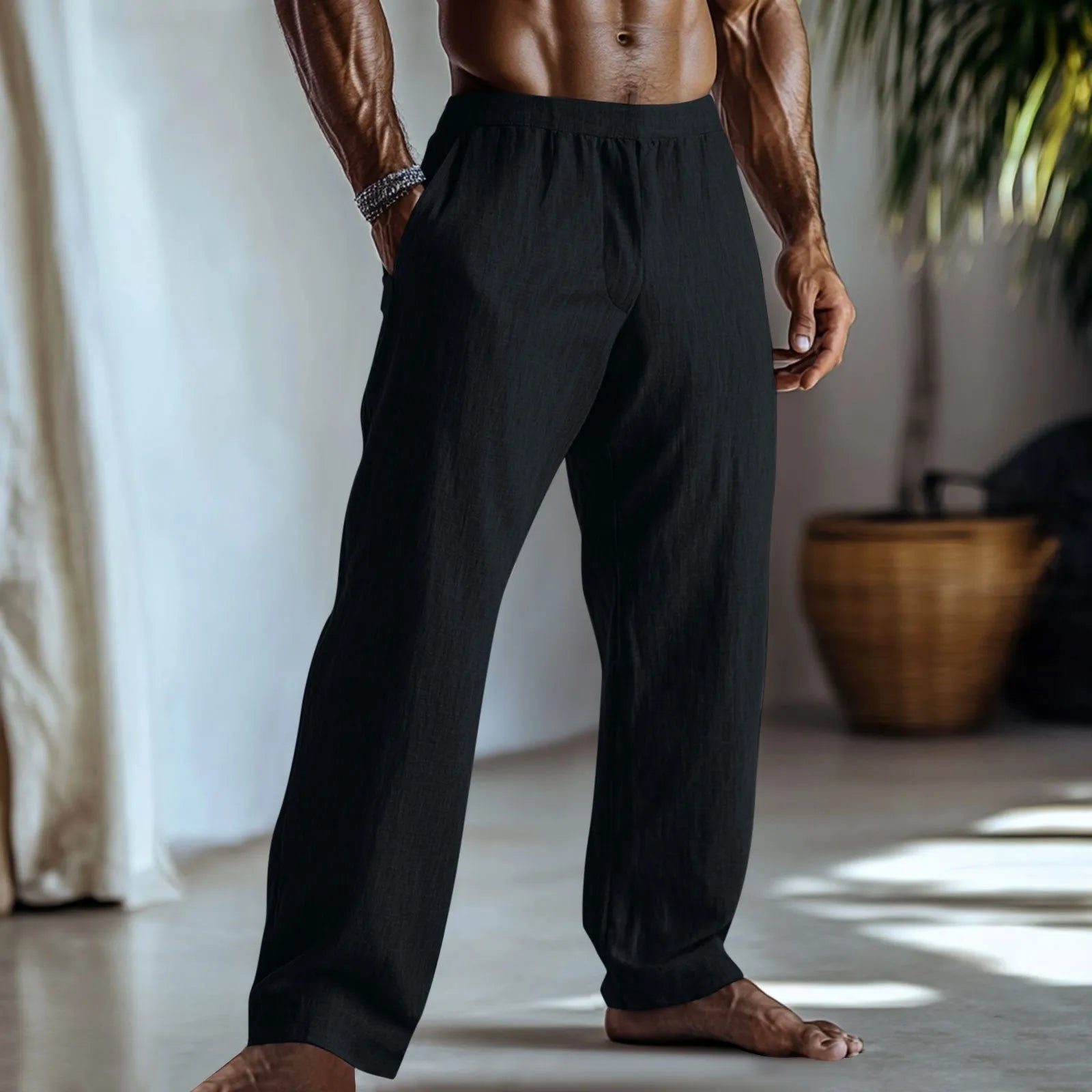 Cotton and linen straight-leg casual trousers in a solid colour with pockets, showing British style fit.