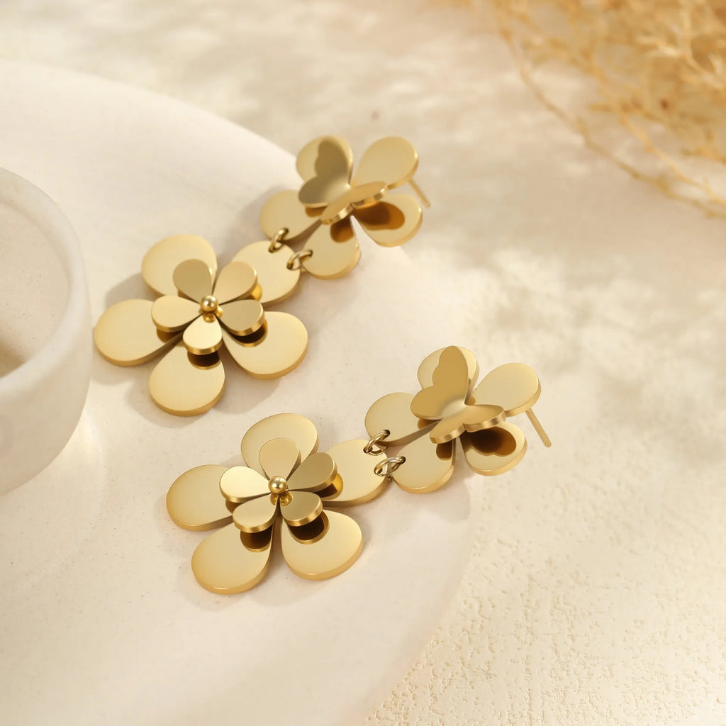 Gold flower butterfly earrings made from stainless steel with 18K electroplated finish