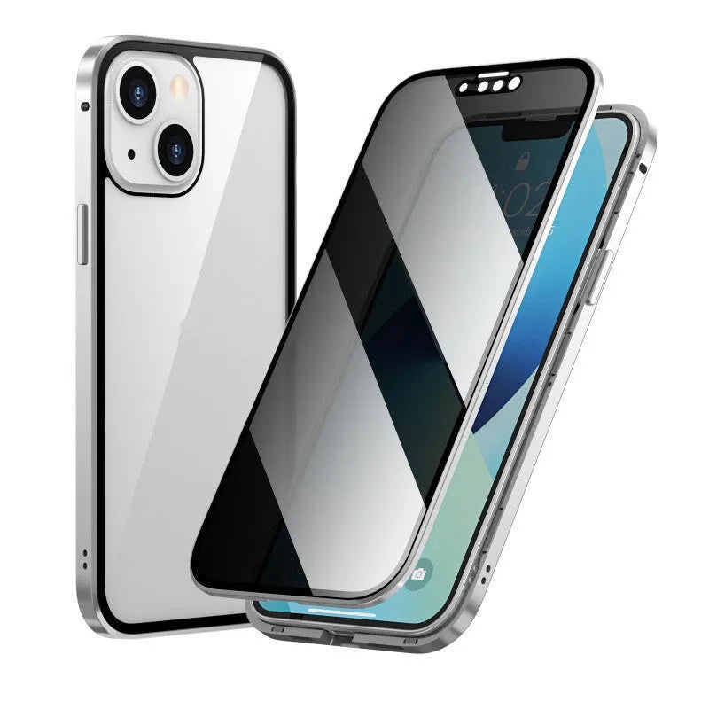 A solid-colour magnetic iPhone case with an integrated metal frame, shown in black, for use with magnetic car mounts.