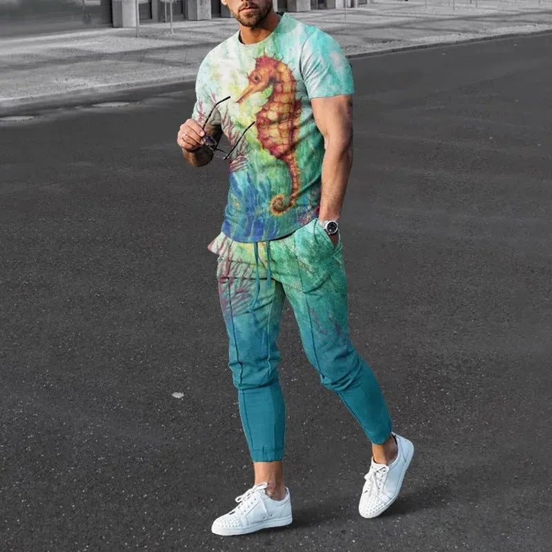 Man wearing a solid-colour short-sleeve top and matching trousers from a polyester sports set.