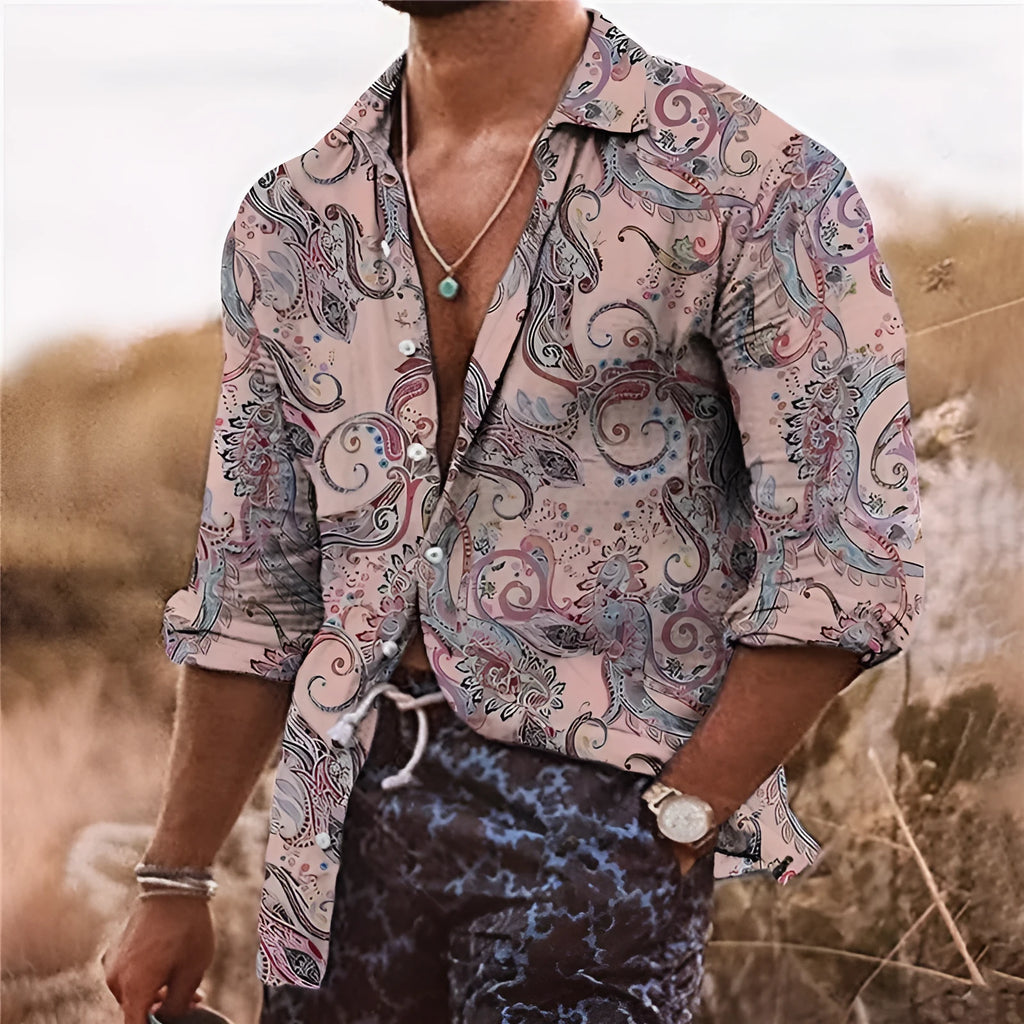 Men's loose-fit long-sleeve shirt with a detailed 3D floral pattern in a blue colour variant.