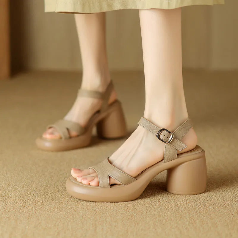 Women's open toe platform sandals in apricot colour with a round toe holder and rubber sole.